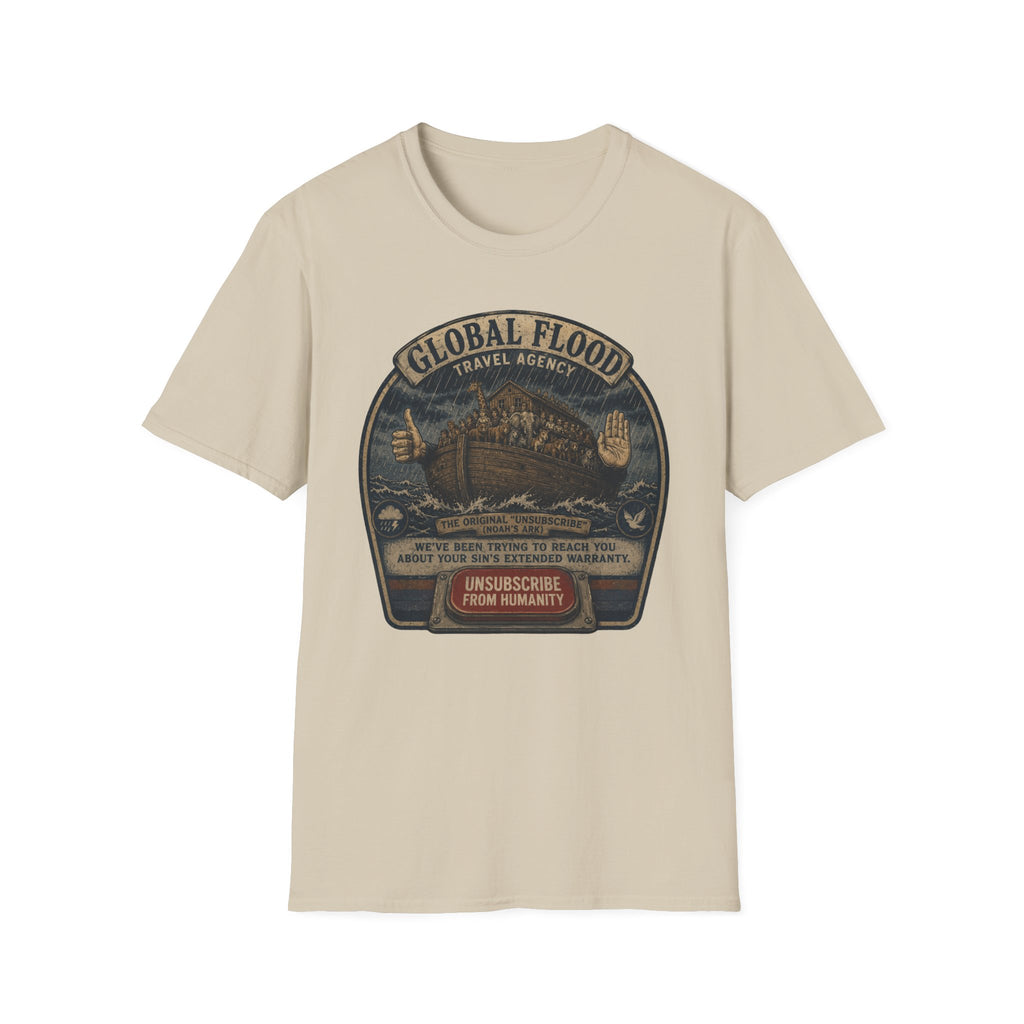 Global Flood Travel Badge T-Shirt – Vintage Ark Graphic Tee ("Unsubscribe from Humanity")