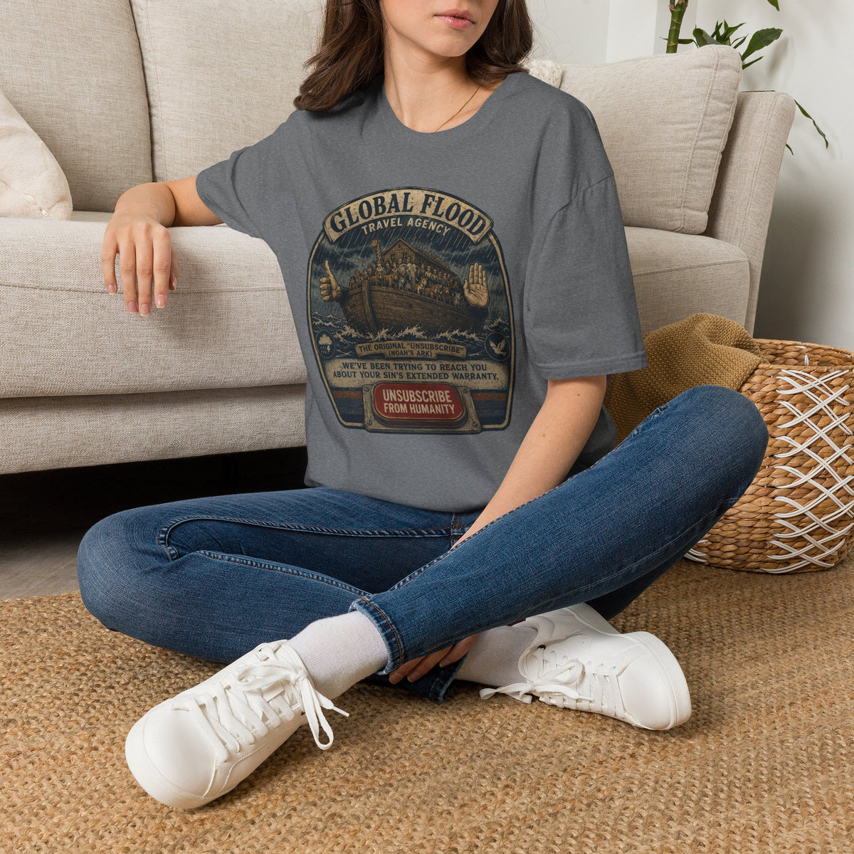 Global Flood Travel Badge T-Shirt – Vintage Ark Graphic Tee ("Unsubscribe from Humanity")
