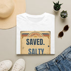 Saved. Salty. Still Showed Up. T-Shirt — Vintage Surf Faith Graphic Tee