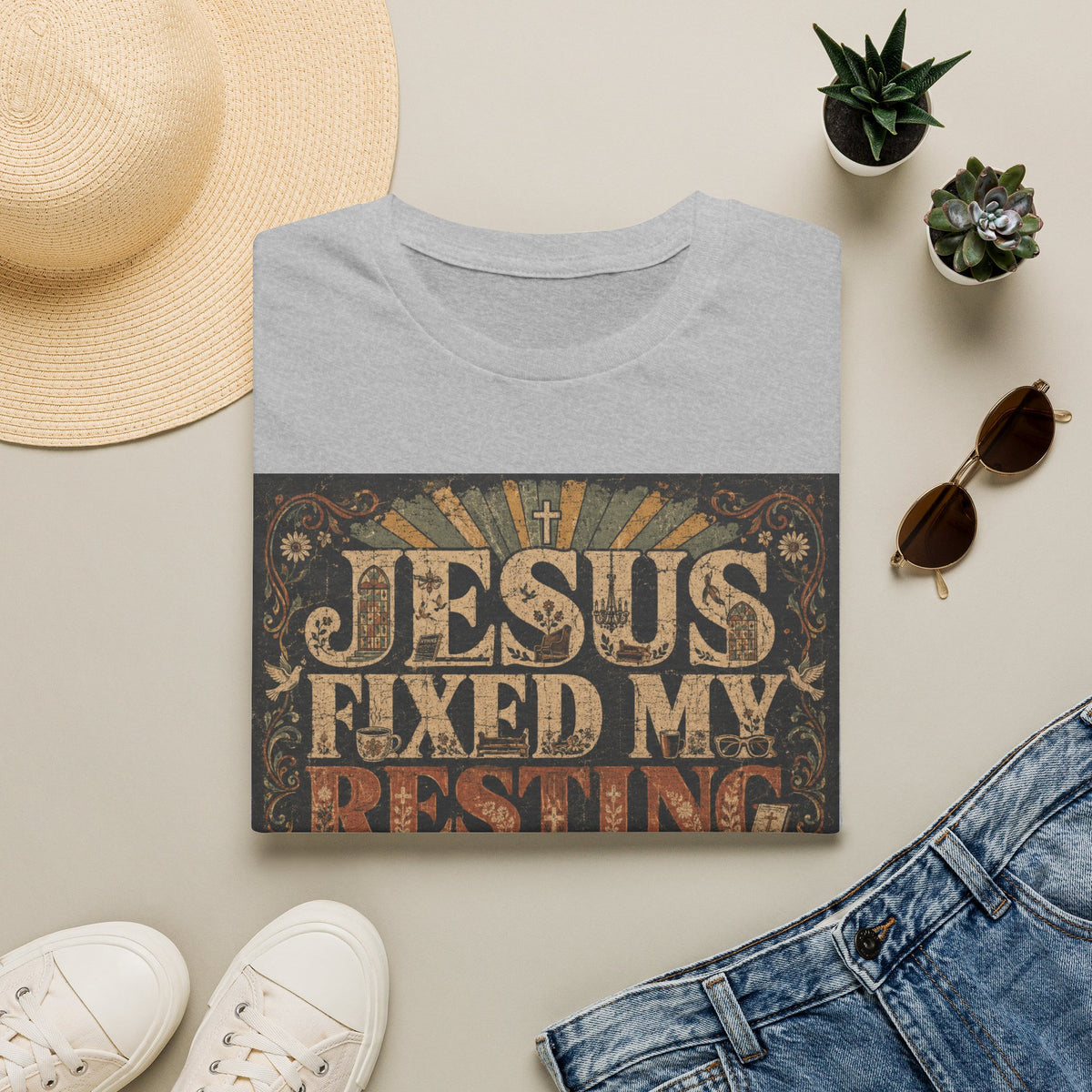 Christian Graphic T-Shirt — "Jesus Fixed My Resting Church Face" Vintage Faith Tee