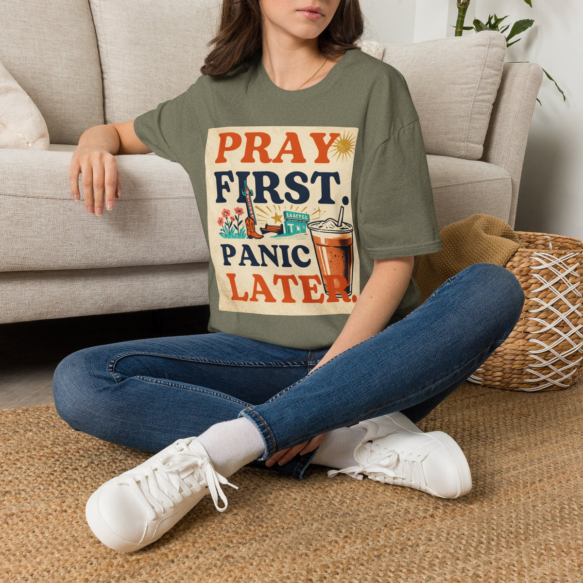 Pray First, Panic Later T-Shirt — Vintage Faith Graphic Tee