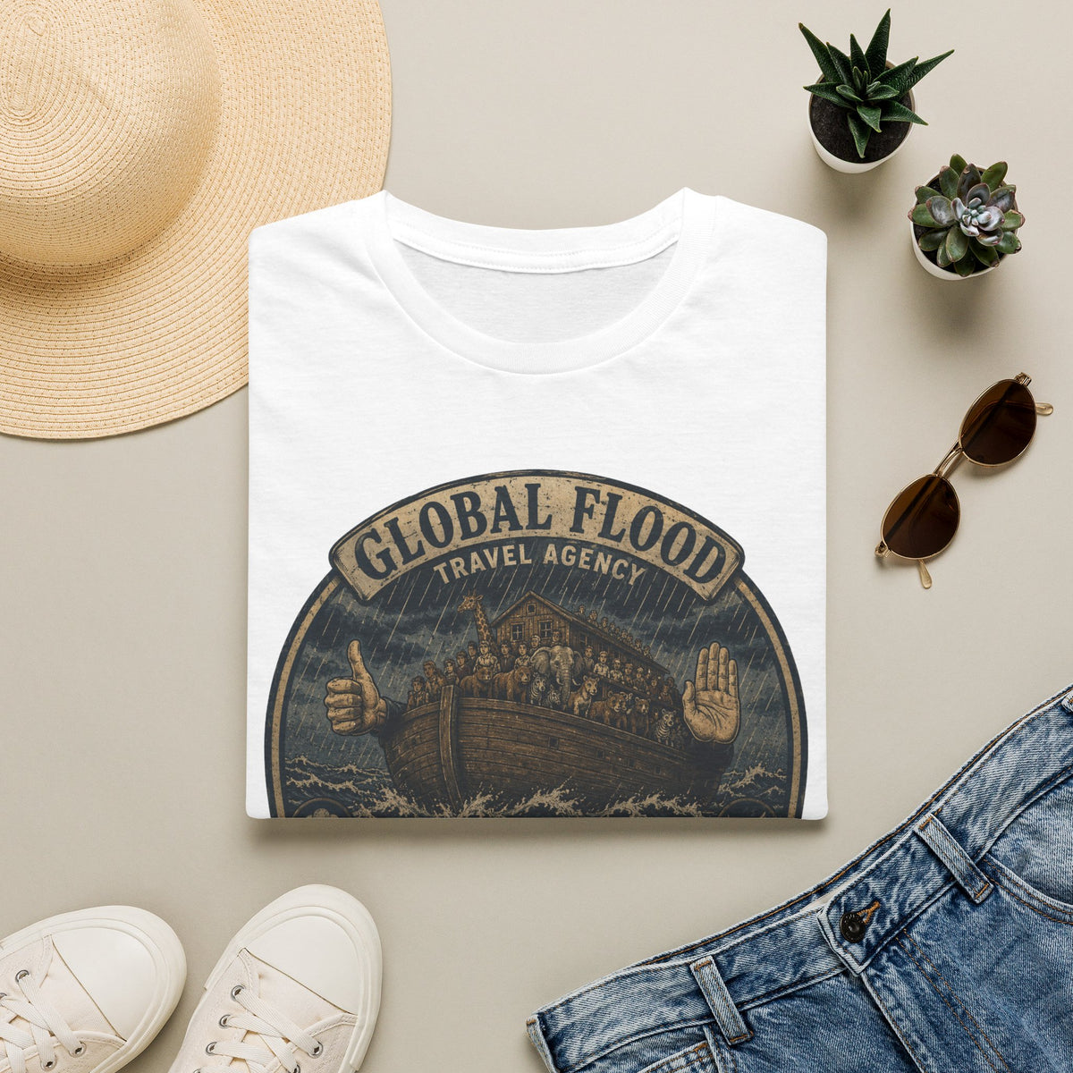 Global Flood Travel Badge T-Shirt – Vintage Ark Graphic Tee ("Unsubscribe from Humanity")