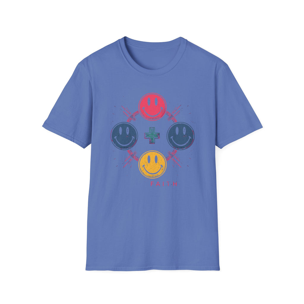Faith Smiley Cross T-Shirt — Colorful Retro Smile Faces Graphic Tee