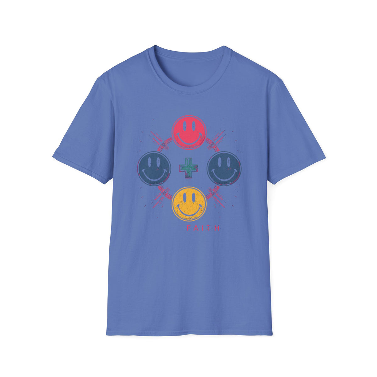 Faith Smiley Cross T-Shirt — Colorful Retro Smile Faces Graphic Tee