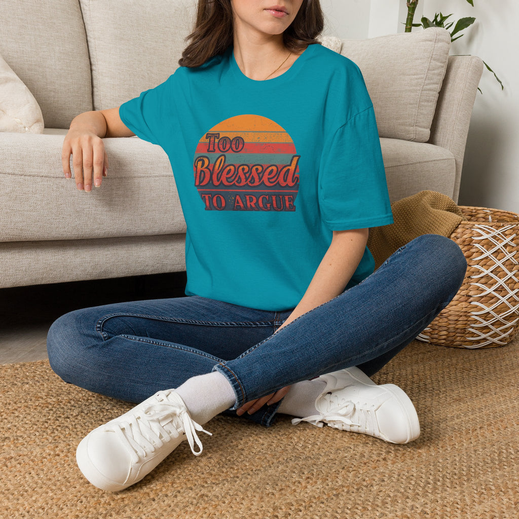 Too Blessed To Argue T-Shirt — Retro Sunset Faith Graphic Tee