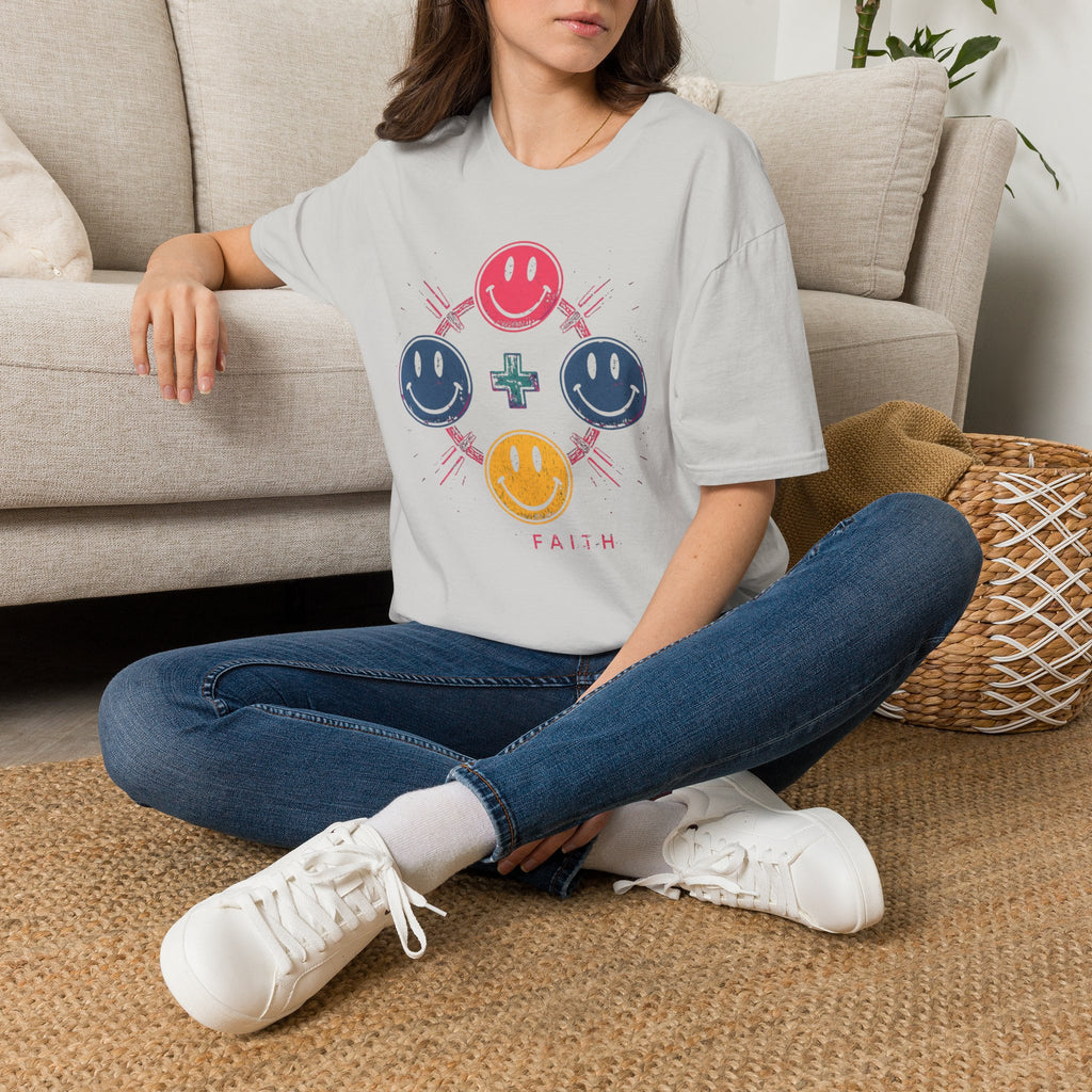 Faith Smiley Cross T-Shirt — Colorful Retro Smile Faces Graphic Tee