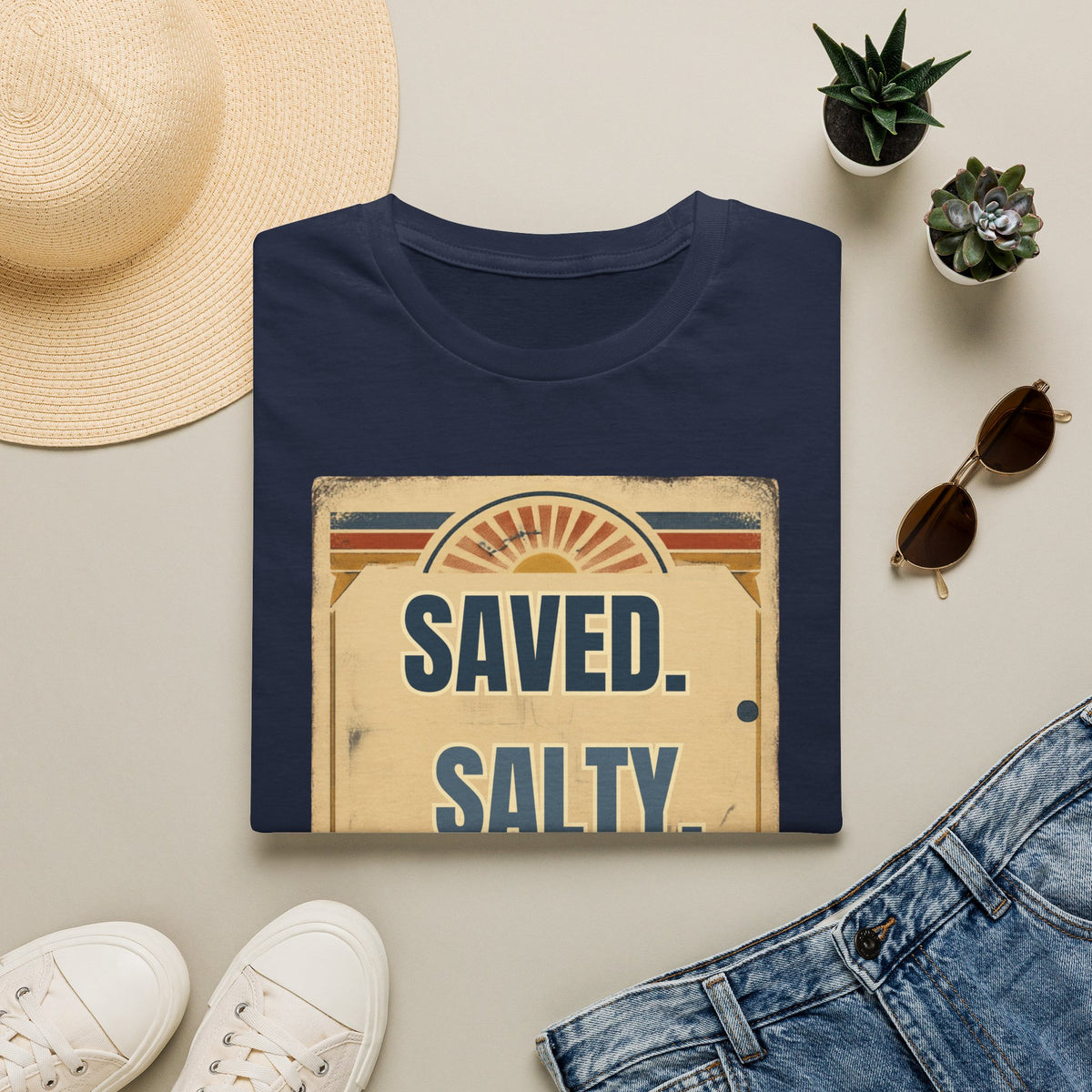 Saved. Salty. Still Showed Up. T-Shirt — Vintage Surf Faith Graphic Tee