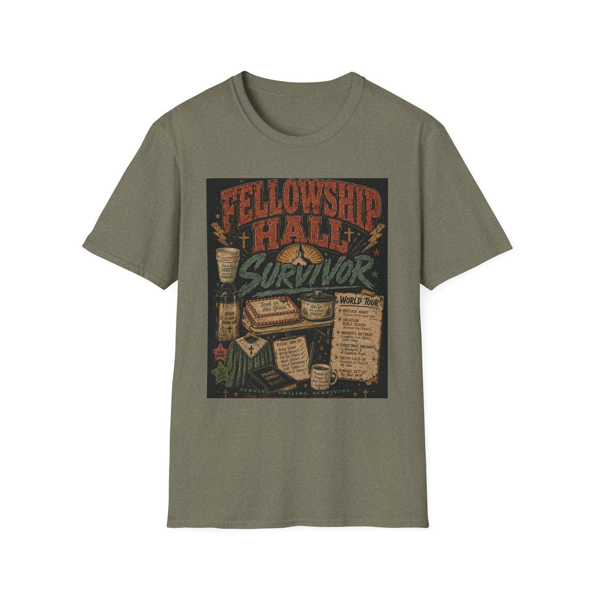 Fellowship Hall Survivor | Funny Church Life Graphic T-Shirt