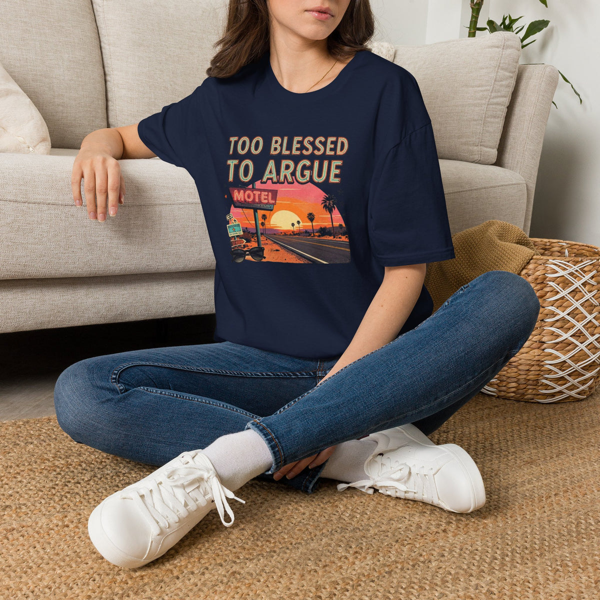 Too Blessed to Argue T-Shirt — Retro Sunset Motel Graphic