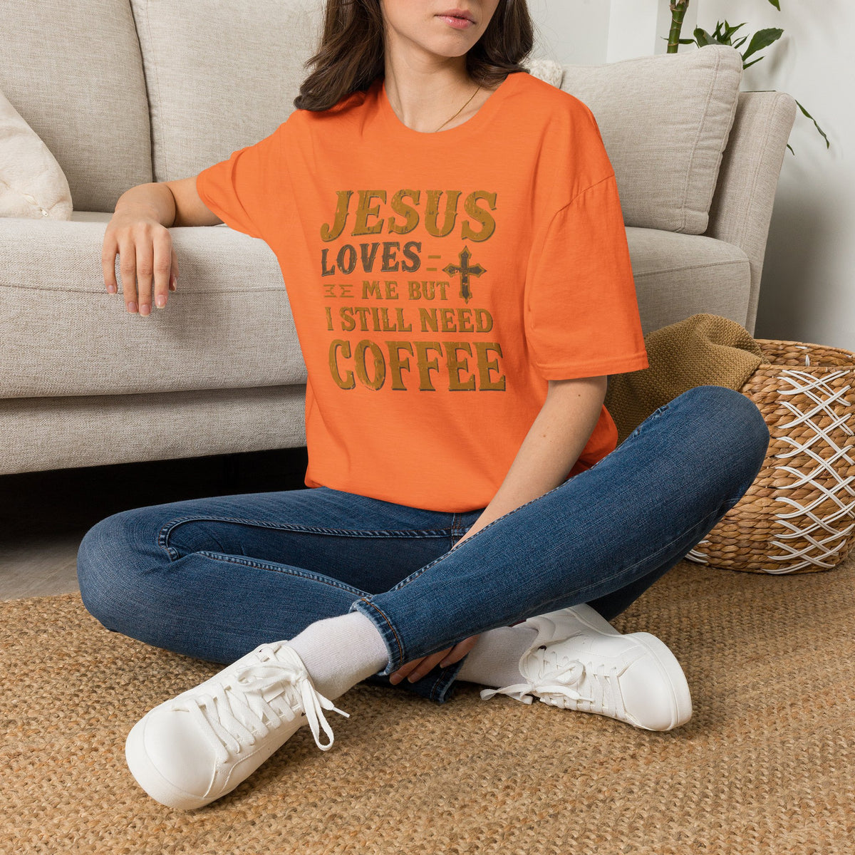 Christian Coffee T-Shirt - "Jesus Loves Me But I Still Need Coffee" Faith Tee
