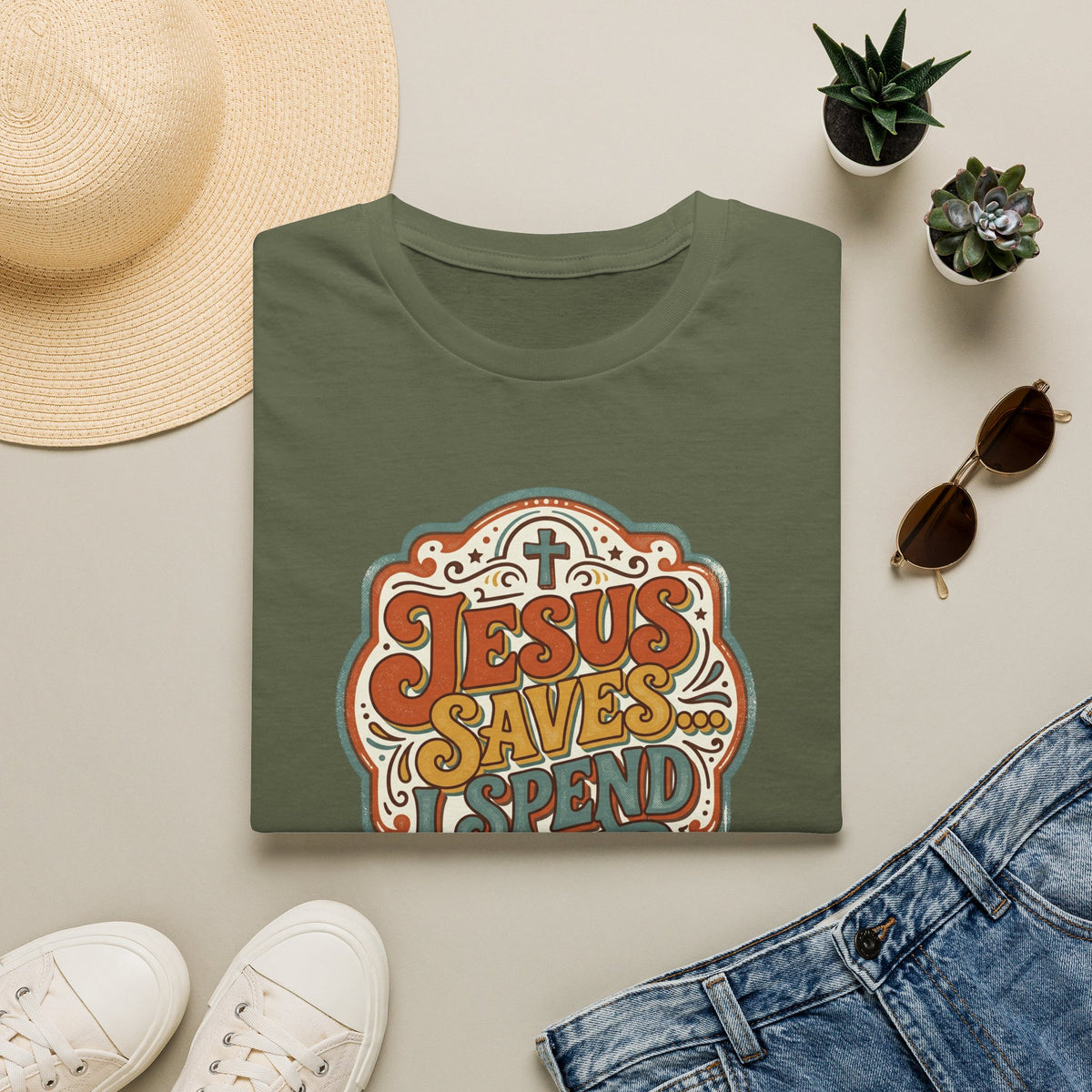 Christian T-Shirt — "Jesus Saves" Vintage Script Faith Tee