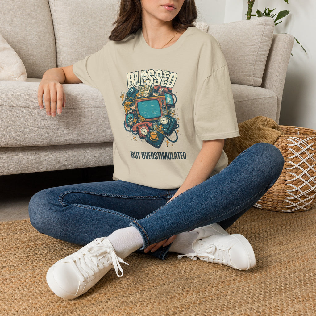 Blessed But Overstimulated T-Shirt — Retro Cozy Graphic Tee for Busy Moms & Millennials