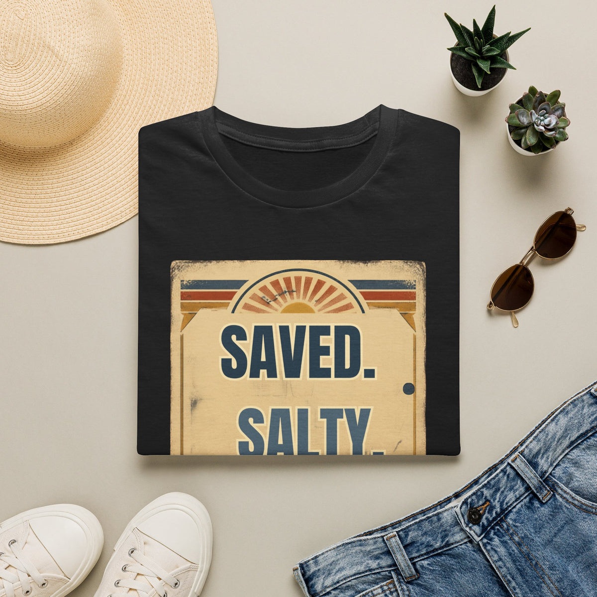 Saved. Salty. Still Showed Up. T-Shirt — Vintage Surf Faith Graphic Tee