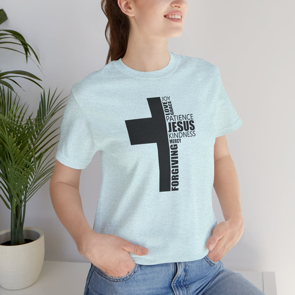 Christian Cross T-Shirt – 'Jesus, Forgiving, Love, Kindness' Word Cloud Tee