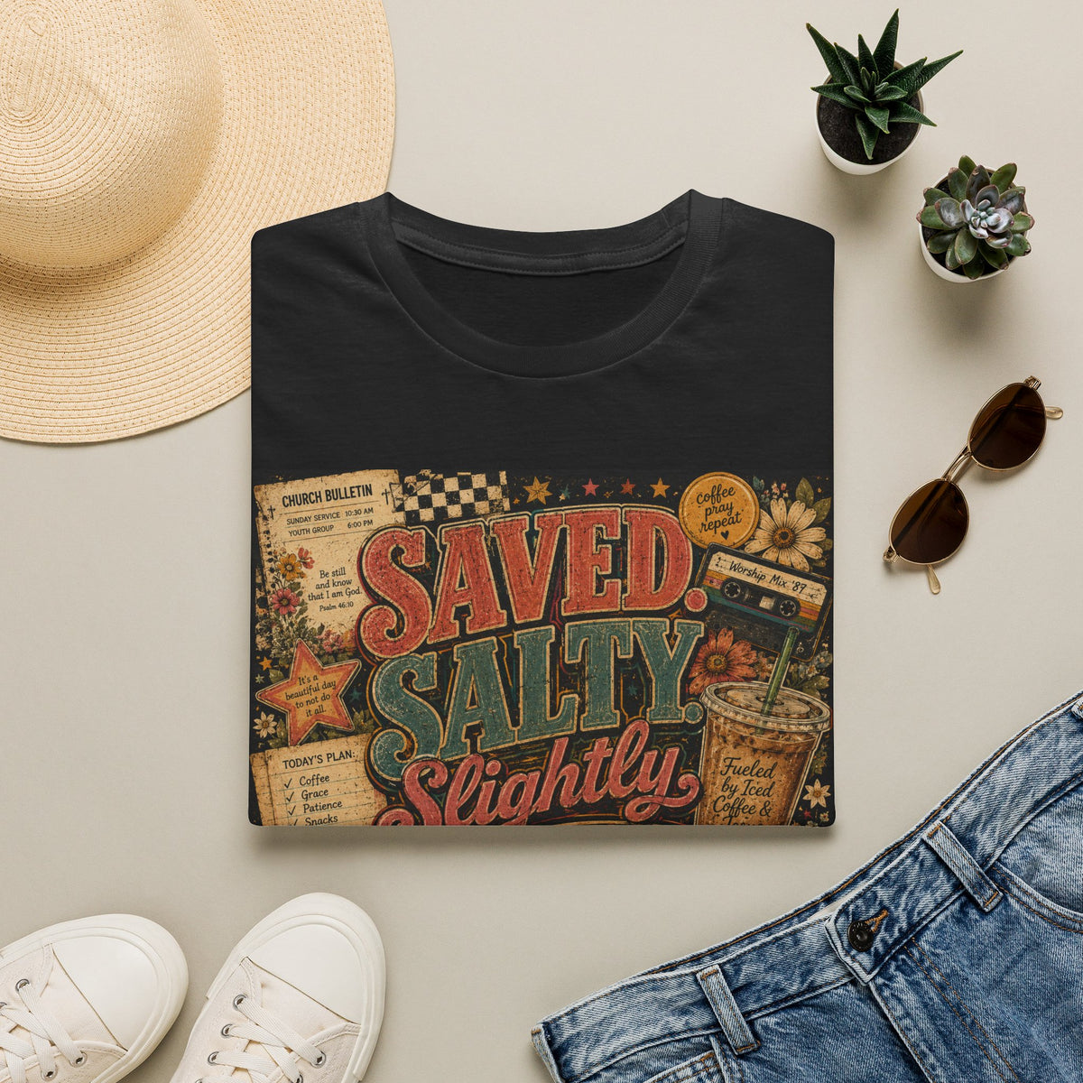 Saved Salty Slightly Overstimulated T-Shirt — Vintage Coastal Christian Graphic Tee
