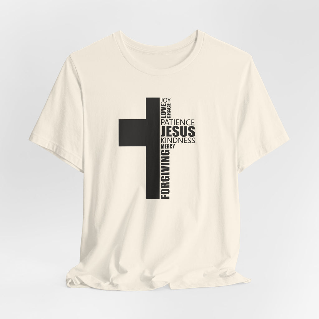 Christian Cross T-Shirt – 'Jesus, Forgiving, Love, Kindness' Word Cloud Tee