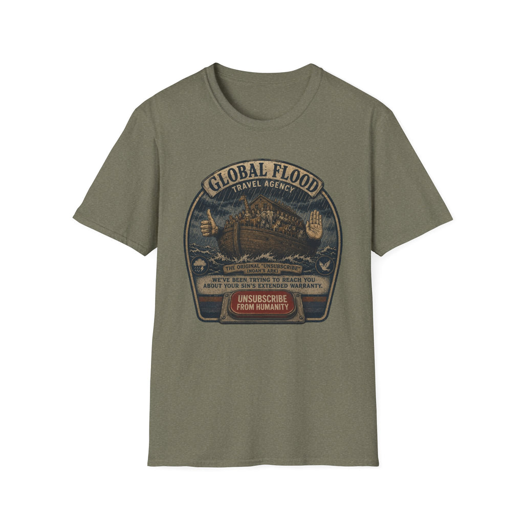 Global Flood Travel Badge T-Shirt – Vintage Ark Graphic Tee ("Unsubscribe from Humanity")