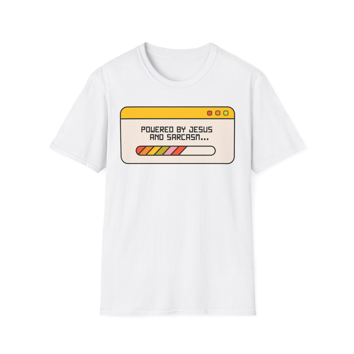 T-Shirt — "Powered by Jesus and Sarcasm" Graphic Tee