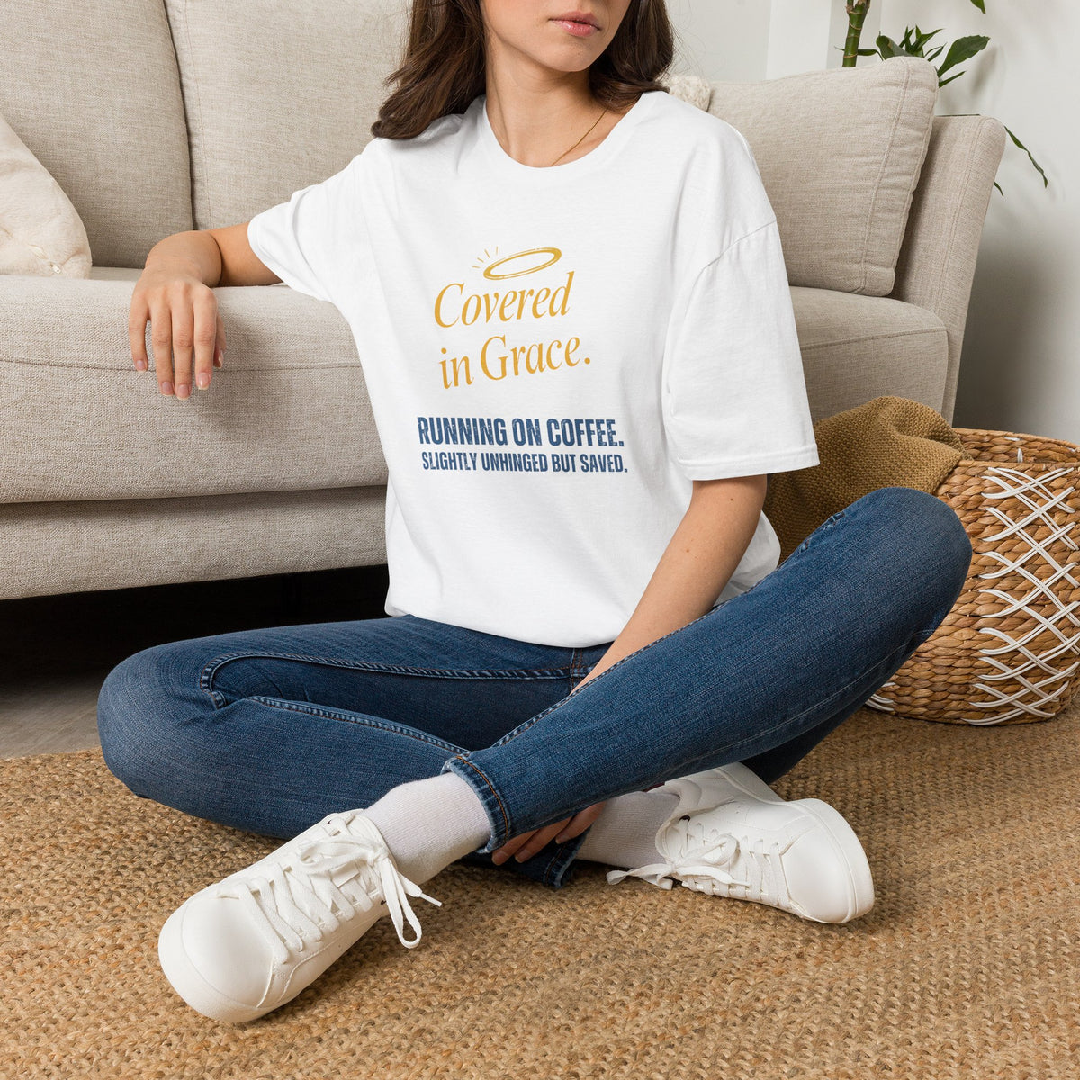 Covered in Grace T-Shirt — 'Running on Coffee, Slightly Unhinged but Saved' Christian Tee