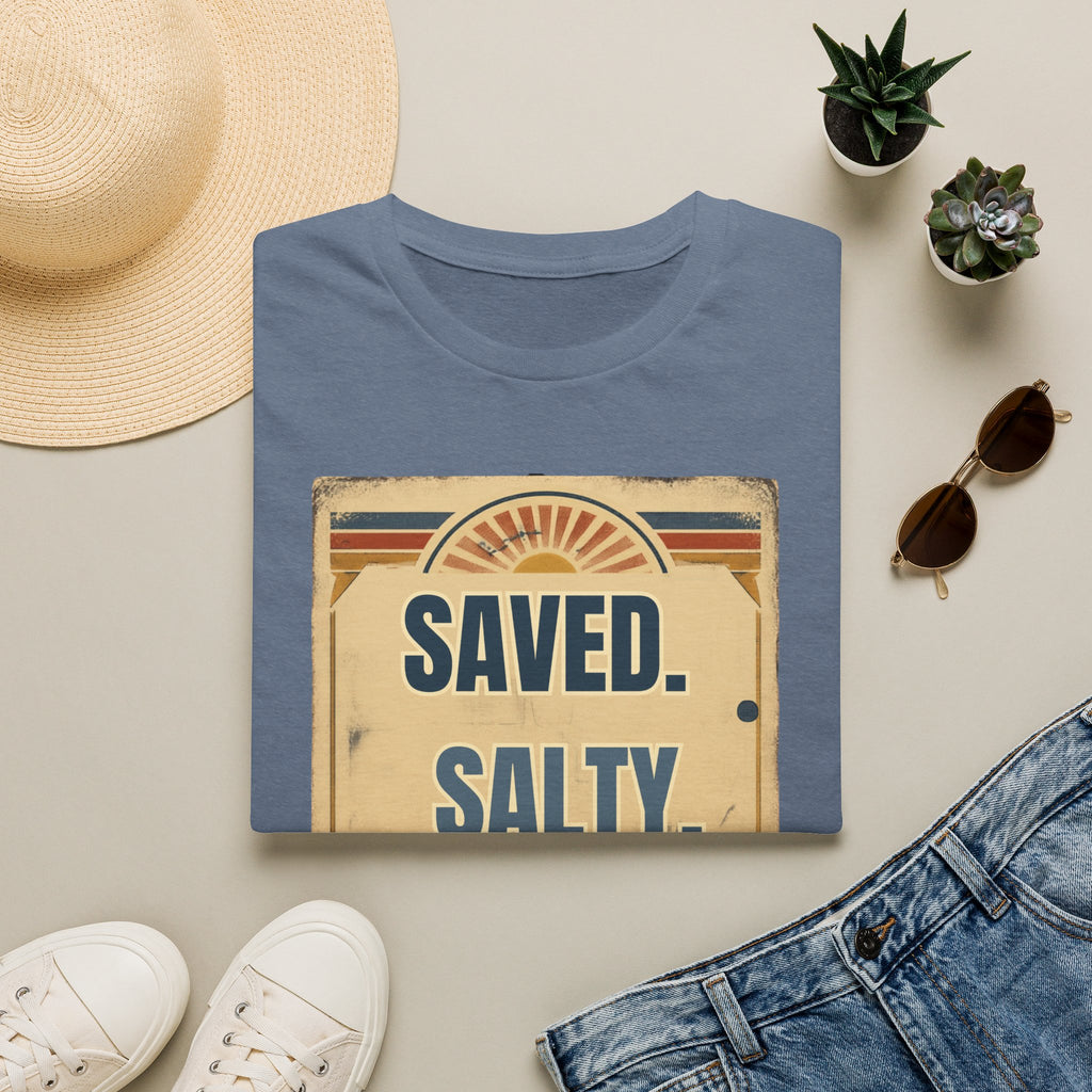 Saved. Salty. Still Showed Up. T-Shirt — Vintage Surf Faith Graphic Tee