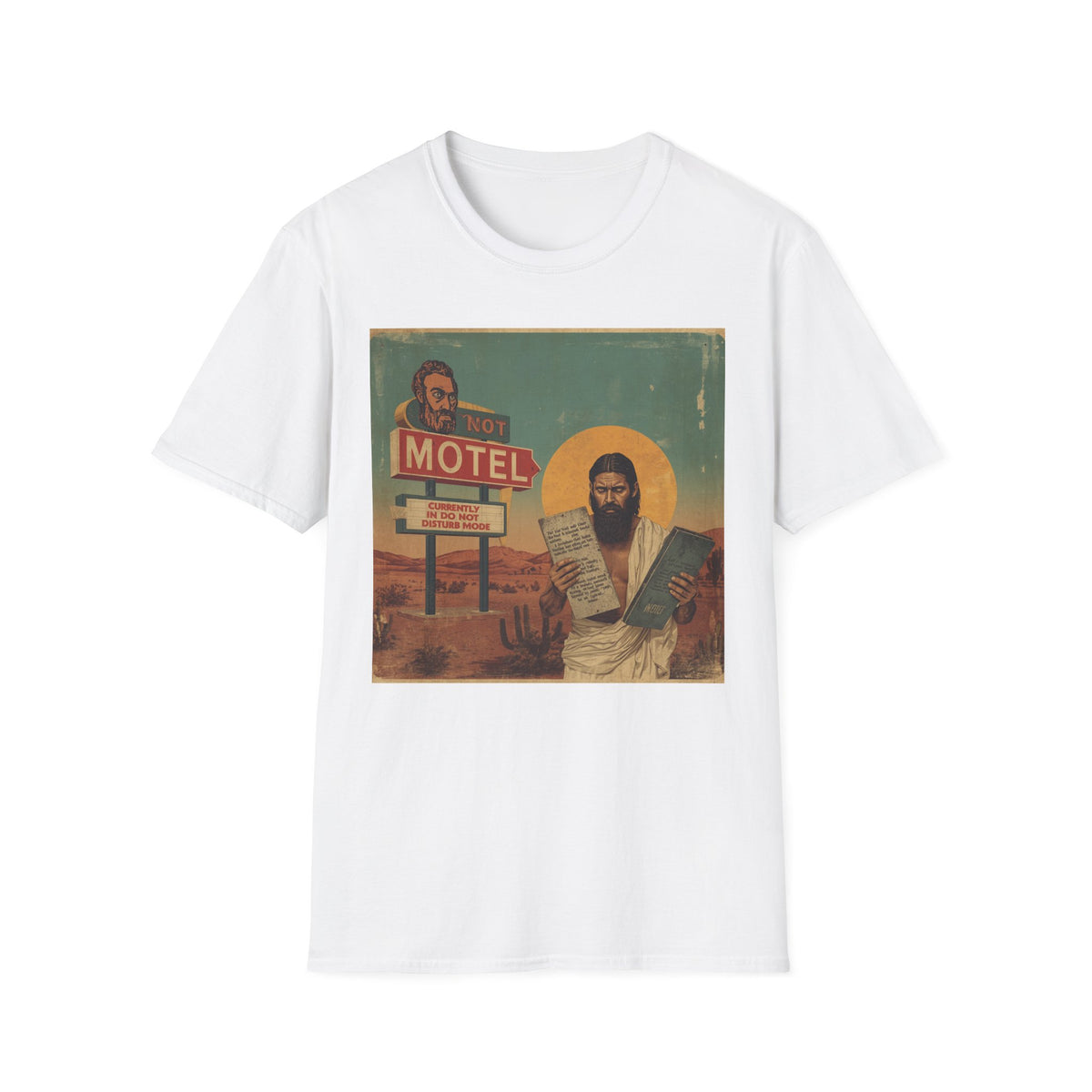 Desert Motel Graphic T‑Shirt — Vintage Roadside Jesus Art Tee