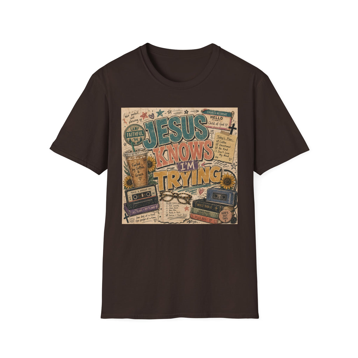 Jesus Knows I’m Trying T-Shirt — Christian Faith Graphic Tee