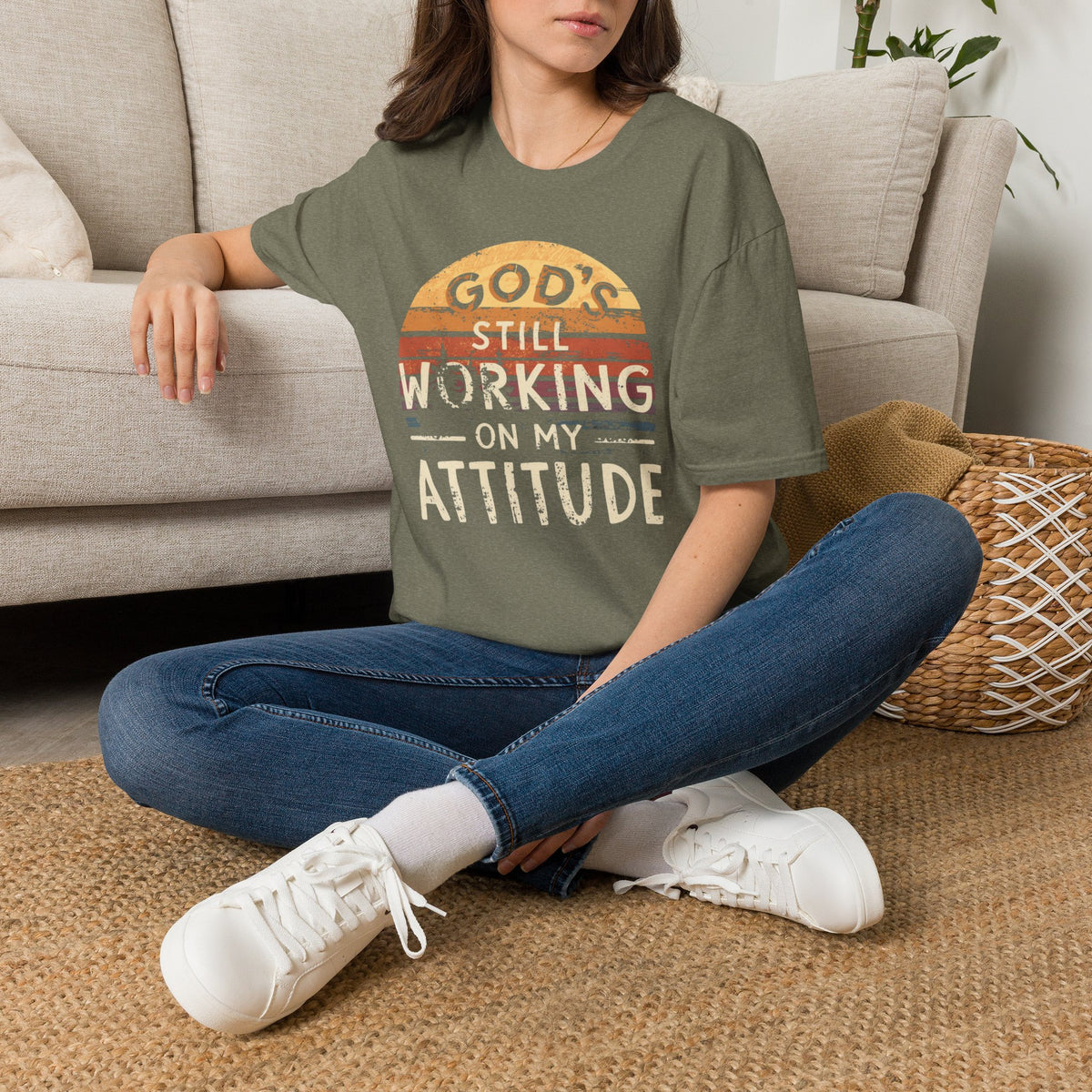 Christian T-Shirt — "God’s Still Working on My Attitude" Retro Sun Graphic