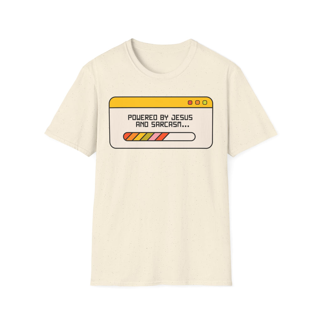 T-Shirt — "Powered by Jesus and Sarcasm" Graphic Tee