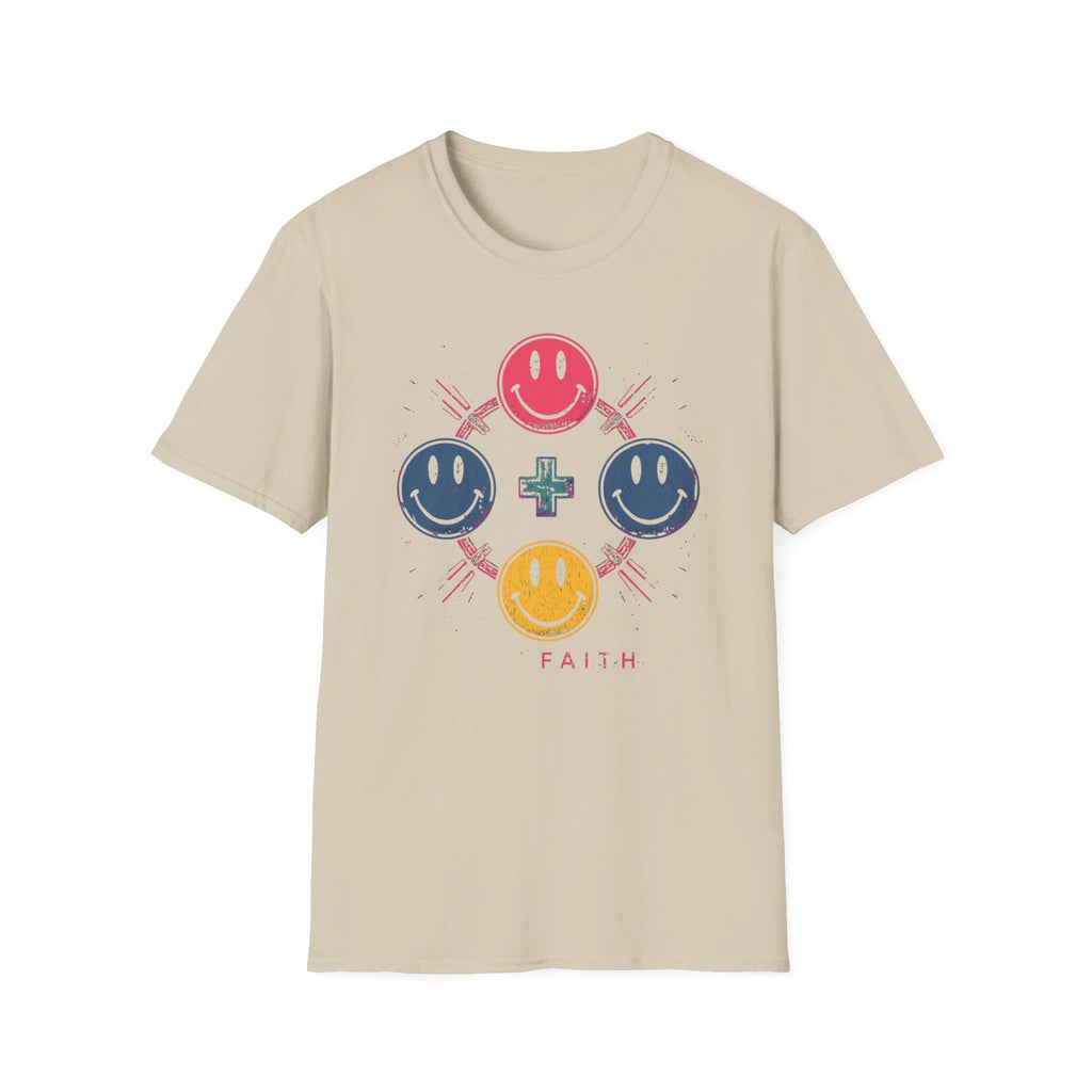 Faith Smiley Cross T-Shirt — Colorful Retro Smile Faces Graphic Tee